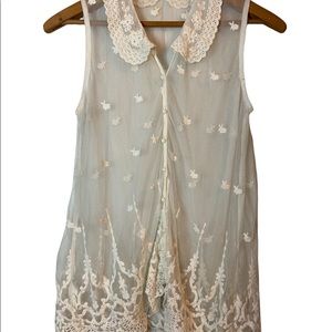 Anthropologie Sheer Lace Sleeveless Top - Cream